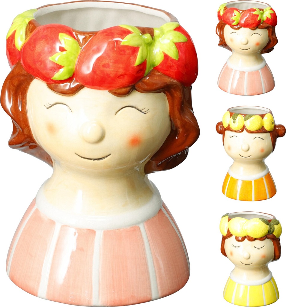 Jarrón de cerámica con forma de niña y fresas