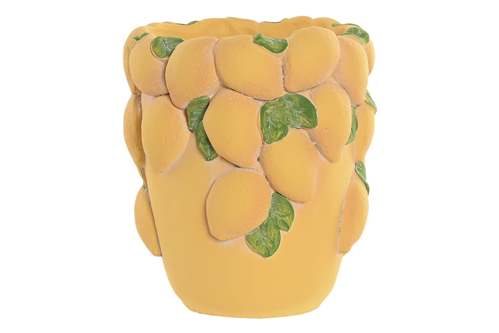 Jarrón de cemento con limones, amarillo