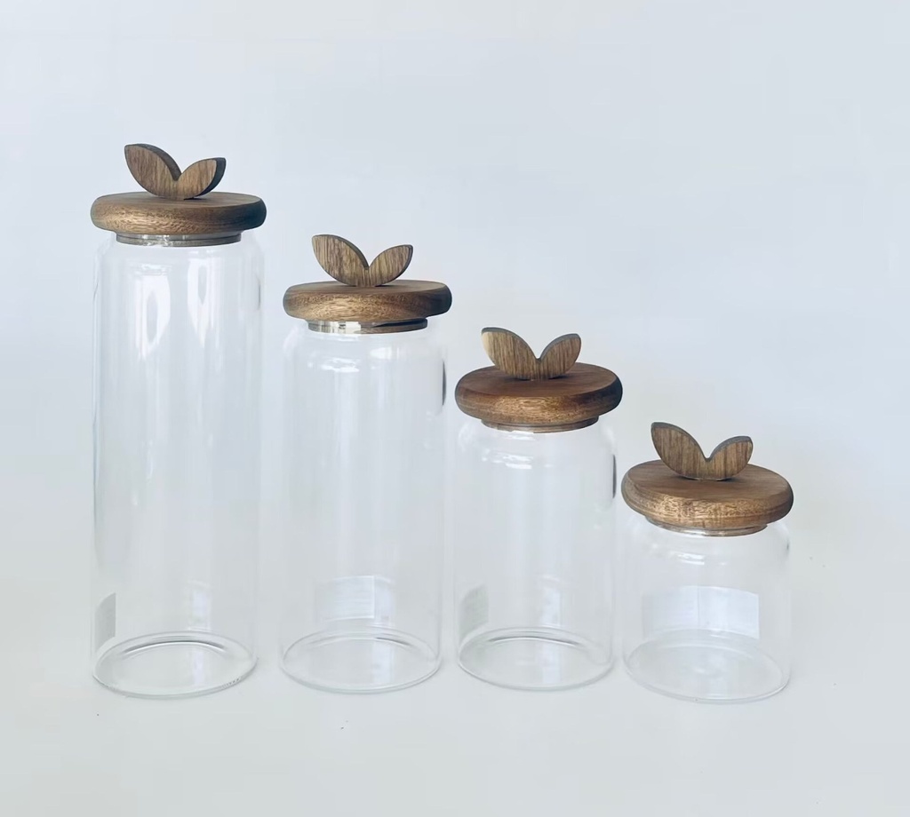 Bote de cristal y acacia, transparente (set de 4)