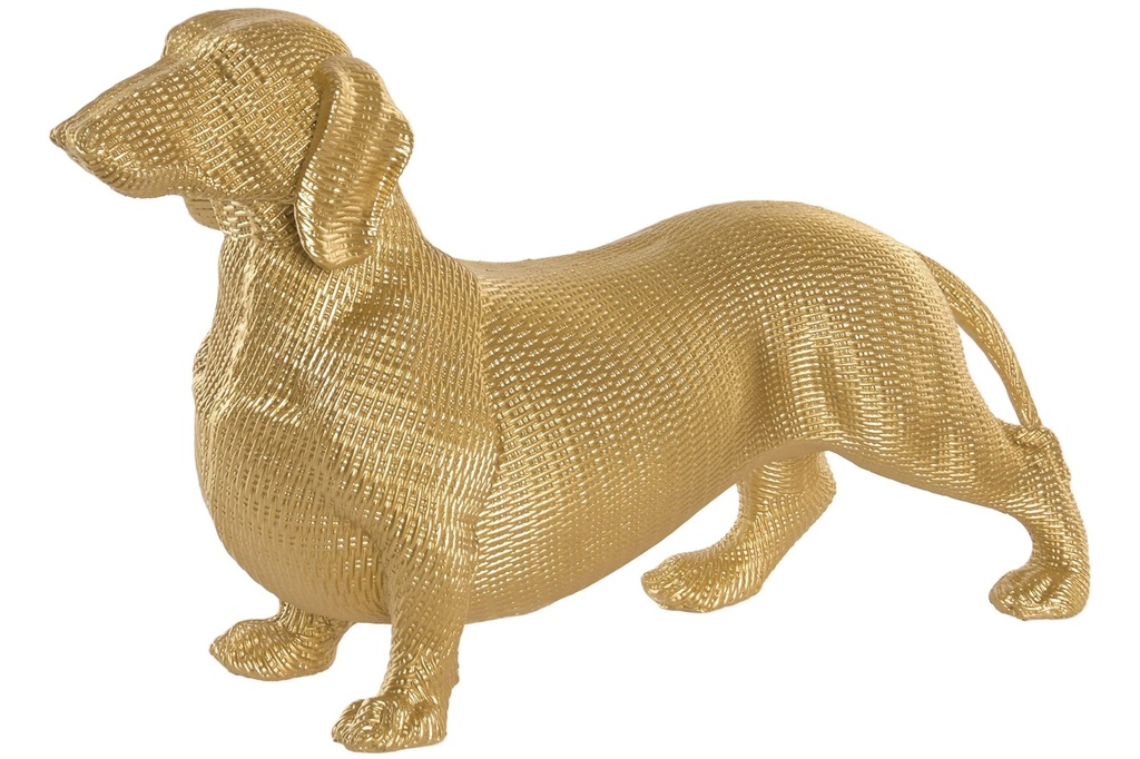 Figura de resina con perro salchicha, dorada