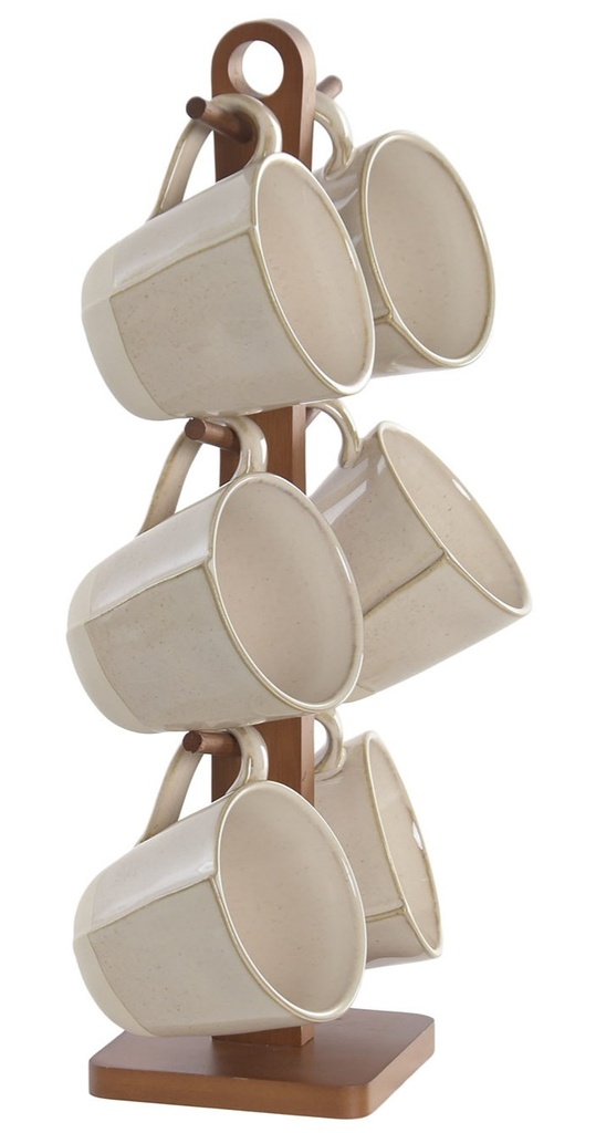 Mug de gres y acacia, beige (set de 6)