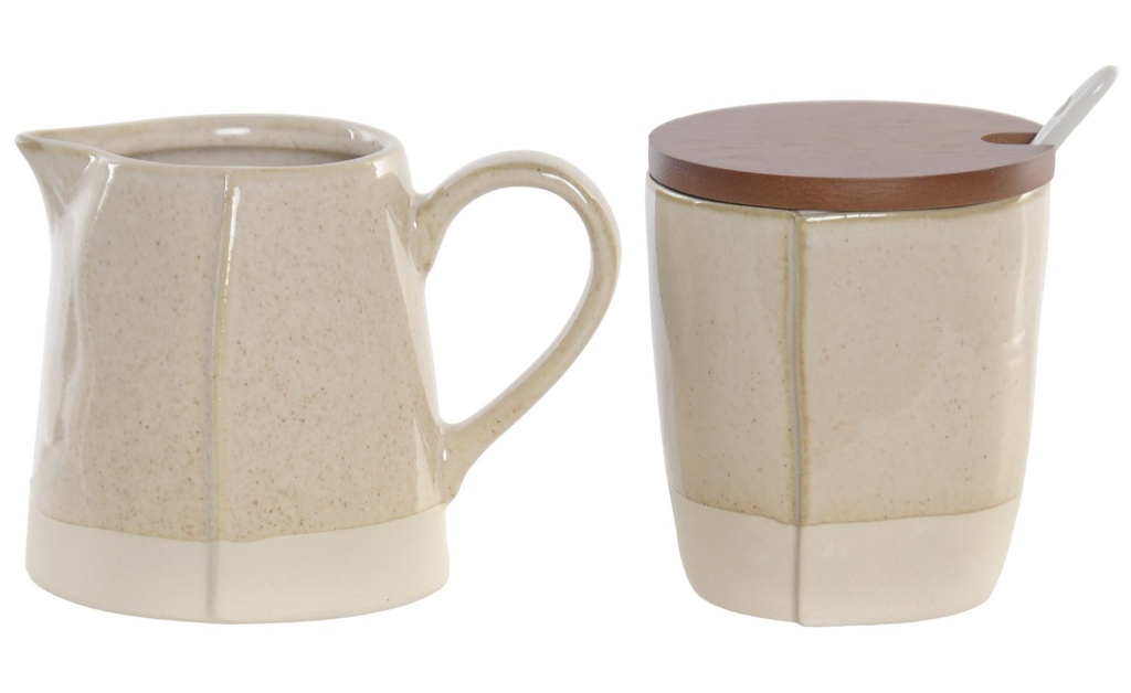 Azucarero de gres y acacia, lechera, beige (set de 2)