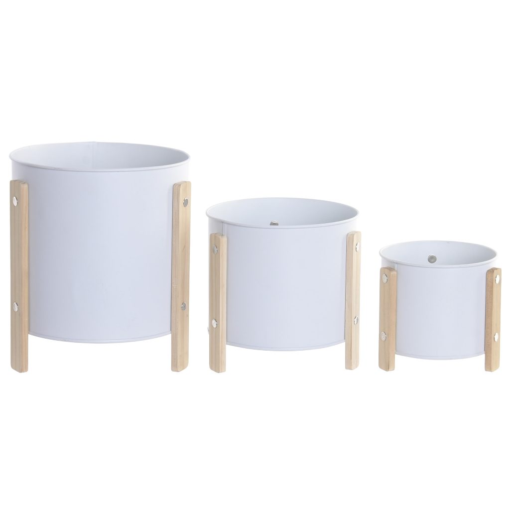 Macetero de metal y madera, crema, pequeño