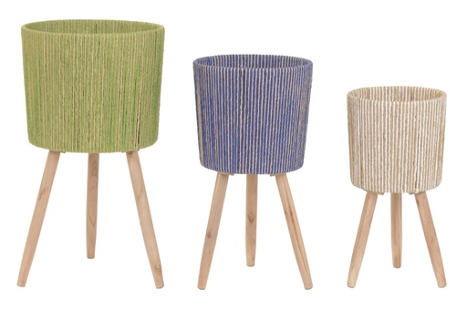 [100324] Macetero de fibra trenzada y madera, grande