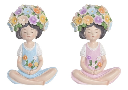 [100513] Figura de resina con niña y flores, multicolor