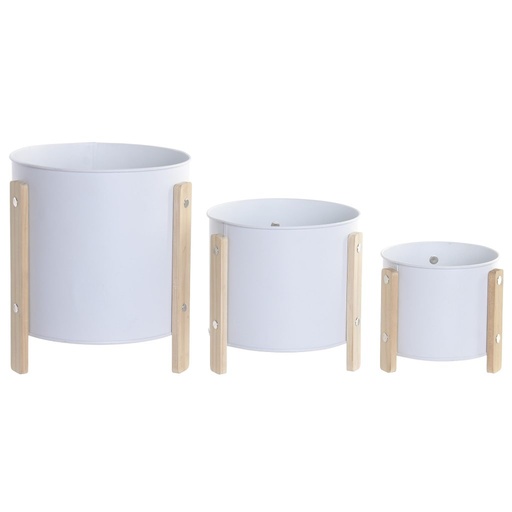 [100696] Macetero de metal y madera, crema, mediano