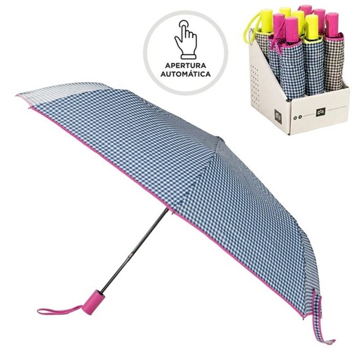 [100750] Paraguas plegable automático con fibra antiviento, vichy, 4 diseños surtidos